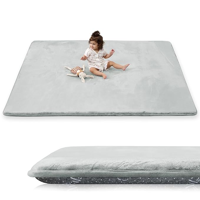 PaPaMat 1.5" Thick Baby Play Mat for Floor, 59x79 Playpen Mat, Pro Soft Flannel Foam Mats Toddler Infant Kids Crawling for Nursery Rug Playroom Living Room Waterproof Easy Care Non-Slip (Light Grey)