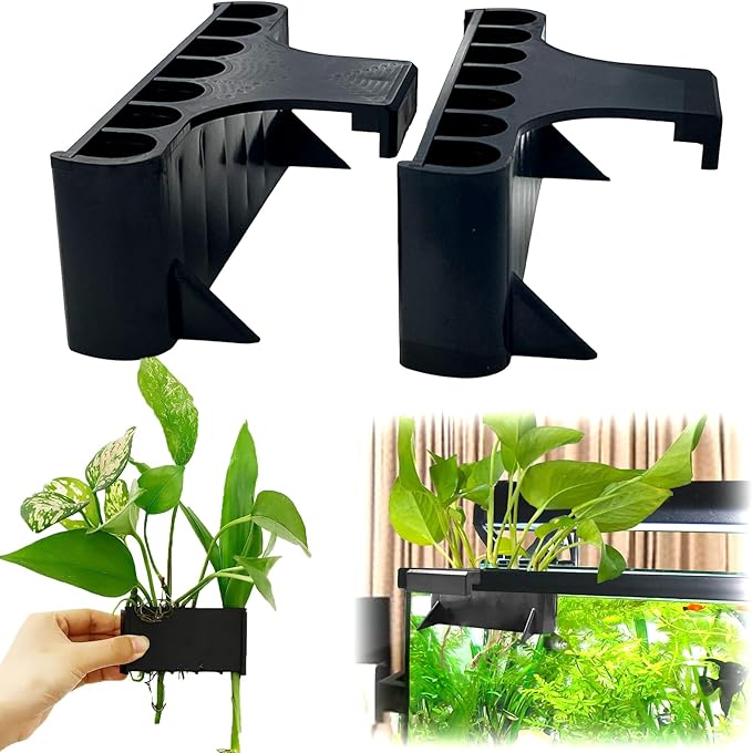 2PC 7 Holes Upgraded Aquarium Plant Holder, Aquatic Plants Cup for Tank, Fish Tank Plant Holder with Long Hook, Aquarium Feeder for Aquascape Decorations on Top of Tank (Black-2PC)