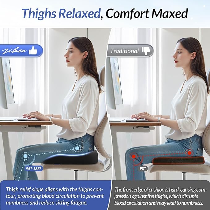 ZIKEE Ergonomic Seat Cushion with Thigh Slope for Long Sitting, Memory Foam Office Chair Cushion for Car, Home, Plane, U-Shaped Design Relieves Hip, Tailbone Pain, Non-Slip Sciatica Pain Relief Pillow