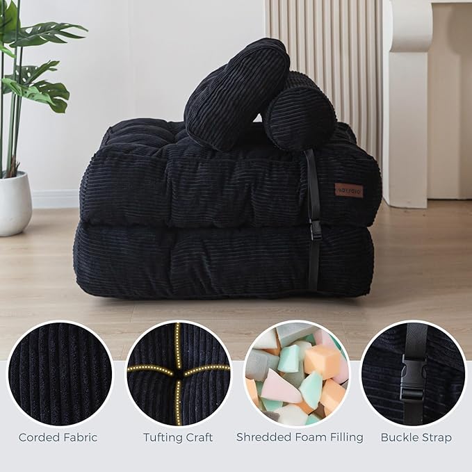 MAXYOYO Folding Sofa Bed, Convertible Sleeper Chair with Pillow Foldable Mattress with Back Support, Portable Fold Out Chair Bed Comfy Floor Sofa Lounge for Living Room Bedroom, Black, Single