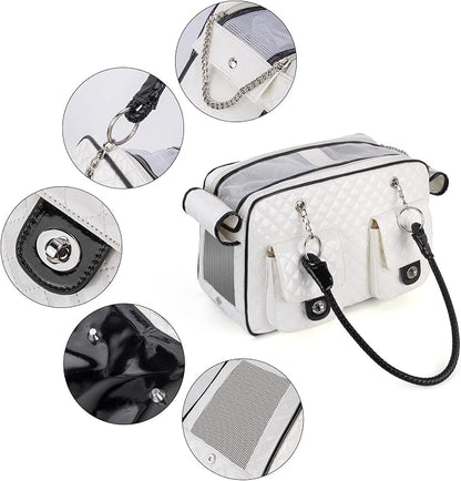 Pet Carrier Fashion Dog Carrier Purse Leather Tote Handbag Bag for Small Puppies Dogs Cat Small Animals Soft TSA Airline-Approved (White)