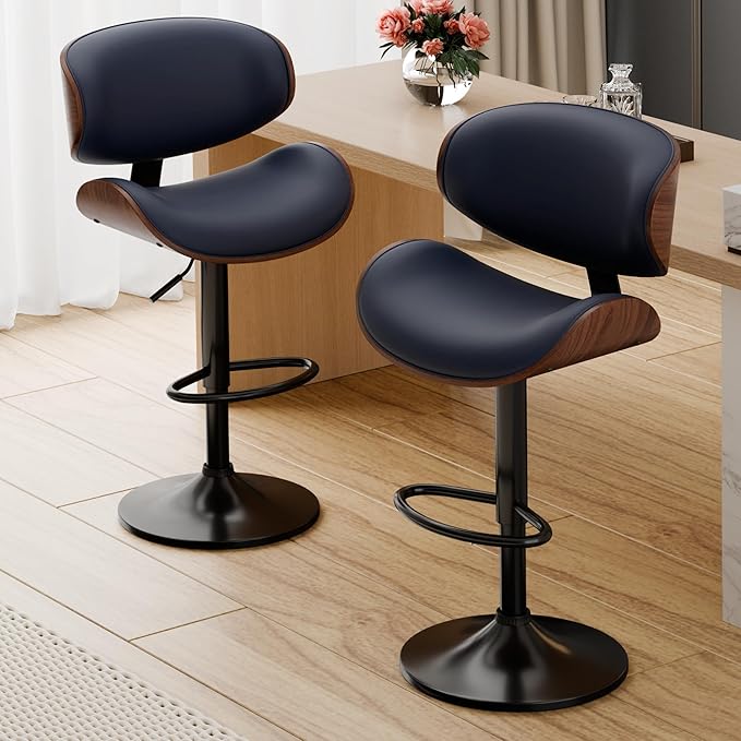 Aowos Bar Stools, Adjustable Swivel Leather Bar Stools for Kitchen Island, Mid Century Modern Counter Height Bar Chairs Barstools with Back & Footrest (Blue 1PCS)