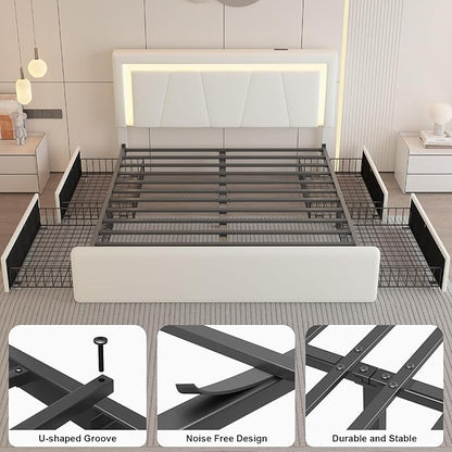 Queen Size Bed Frame with 4 Storage Drawers and LED Lights, Upholstered Platform Bed with Adjustable Headboard and Charging Station, Metal Slats Support, No Box Spring Needed,Easy Assembly, White