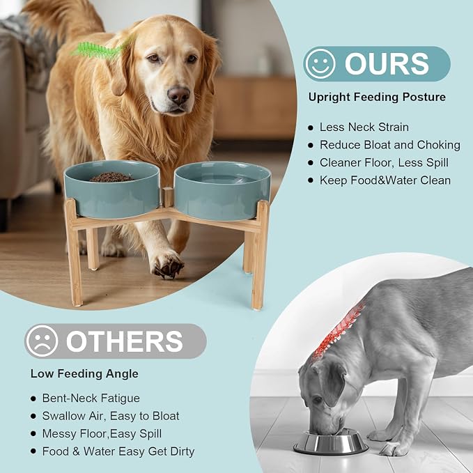 SPUNKYJUNKY Elevated Dog Bowls Ceramic, 8.3'' Dogs Food Water Bowls Raised with Non-Slip Bamboo Stand for Large Sized Breed Microwave Dishwasher Safe - 60 OZ,Dark Green
