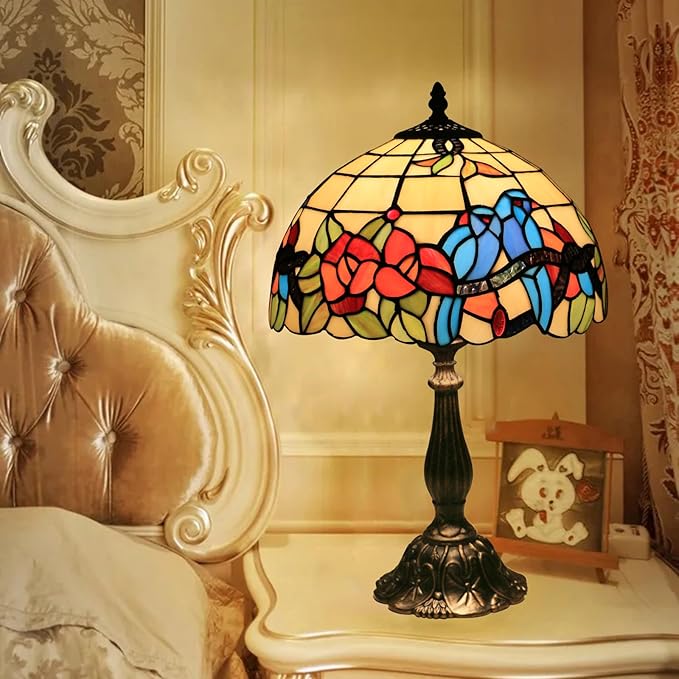 Tiffany Style Table Lamp Hummingbirds Flower Stained Glass Bedside Nightstand Table Lamp for Bedroom,Living Room,Home Office Farmhouse Desk Lamps 12X12X19Inch