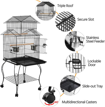 Yaheetech Budgie Cage 55-inch Rolling Standing Triple Roof Medium Parrot Cage Pet Bird Cage with Detachable Stand for Cockatiels Sun Parakeets Green-cheeked Conures Macaw