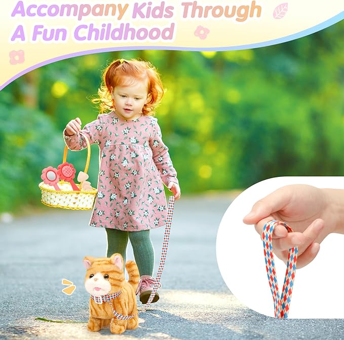 Plush Toys Cat for Kids with Leash, Interactive Electronic Kitty That Walking,Meowing, and Tail Wagging, Stuffed Cat Christmas Birthday Gift for Boys and Girls