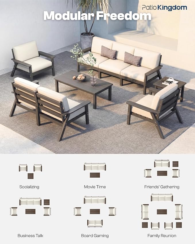 Patio Kingdom Patio Furniture Set with Washable Thick Beige Cushions, Coffee Table & Side Table, HDPE Outdoor Couch, All-Weather Outdoor Sectional Furniture, Patio Conversation Sets (Grey Frame)