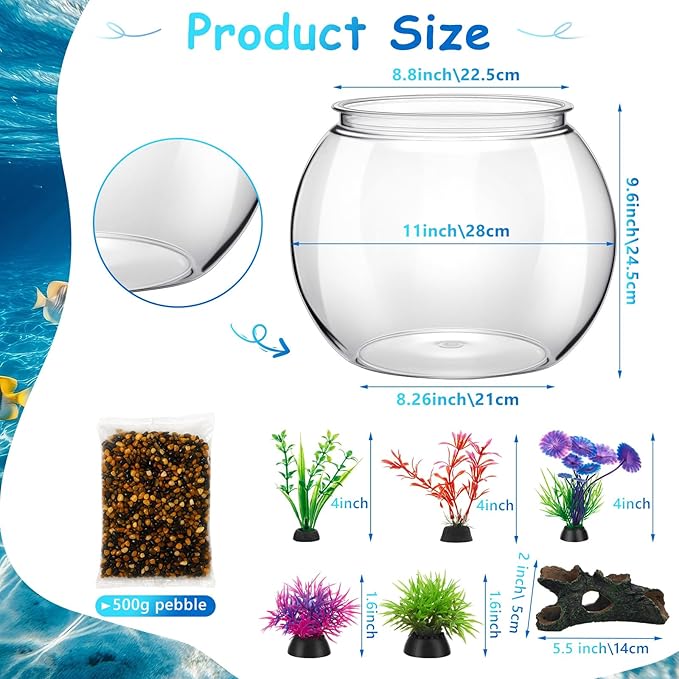 3 Gallon Plastic Betta Fish Bowl with 6 Pcs Artificial Plastic Plants and 500g Decorative Gravel, Betta Fish Tank and Decoration Accessories Small Large Bowl Ornaments Starter Kit