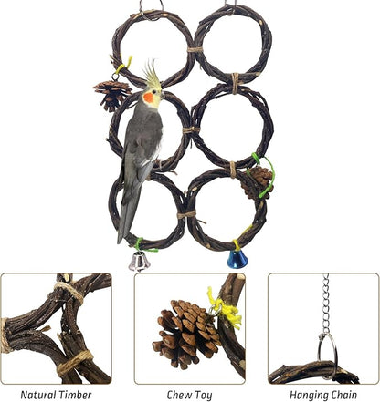BNOSDM Bird Swing Rings Toy Natural Wood Parrot Climbing Ladder Parakeet Chewing Toys Hanging Budgie Cage Accessories for Green Cheek Conure Cockatiel Lovebird (6 Rings)
