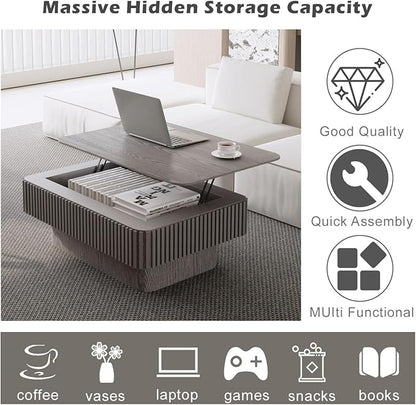 FGXJY Lift Coffee Table with Storage & Adjustable Height, Rectangle Solid Wood Coffee Table Fluted Center Table Accent Tea Table or Living Room, Apartment, Office (38.6" Grey)