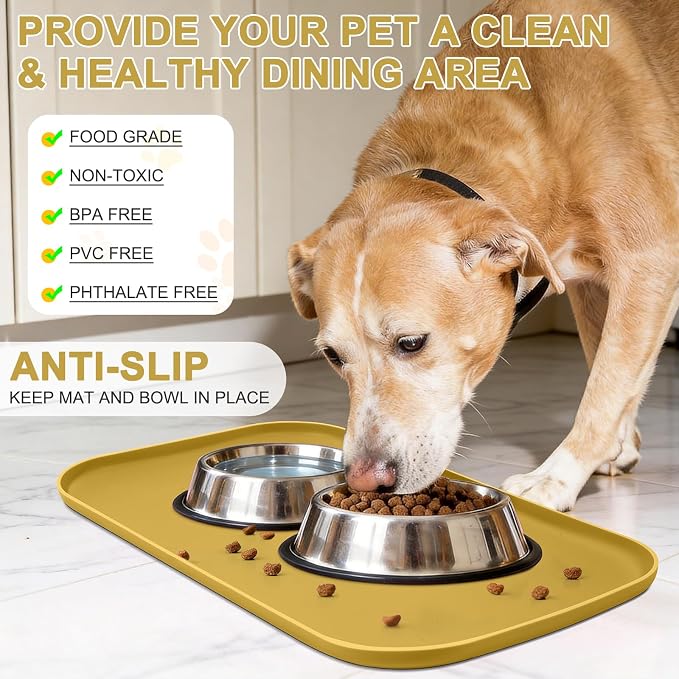 SMILOOL Waterproof Silicone Pet Food Mat with Raised Edge for Dog & Cat | 22" x 14" Non-Slip Pet Feeding Mats with Lip for Food & Water Bowl, Food Grade, Easy Cleaning, Honey
