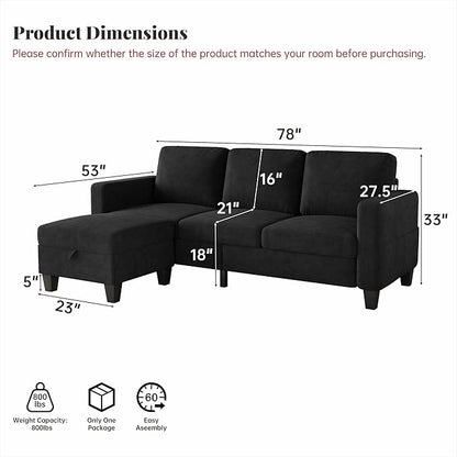 Small Sectional Couch, L Shaped Sectional Black Couch in a Box, Small Couches with Ottoman, 3 Seater Sofa for Living Room, Apartment, Dorm, Office