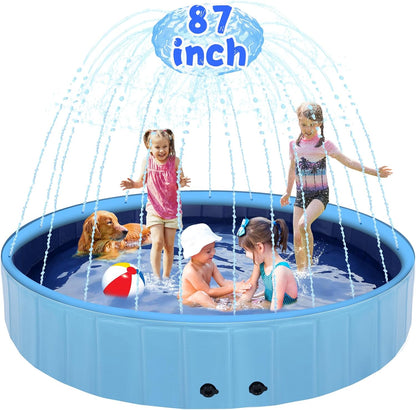 87" Large Dog Pool with Sprinkler, 2-in-1 Foldable Swimming Pool Non-Slip Hard Plastic Splash Sprinkler Kiddie Pool for Outdoor Backyard Kids Dogs Ducks and Pet Baths