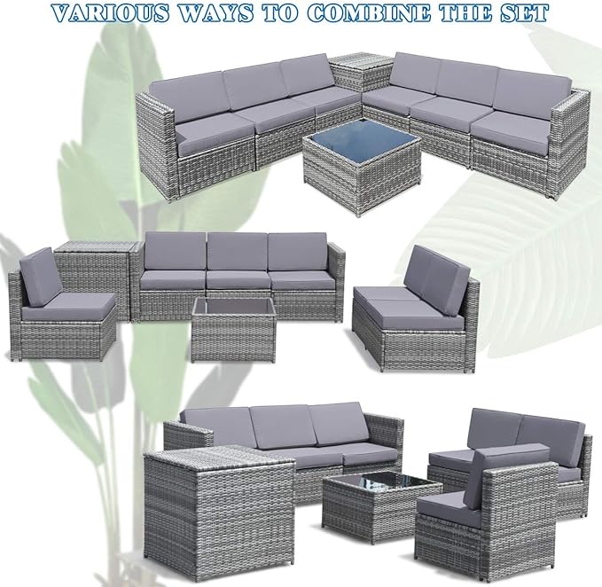 HAPPYGRILL 8 Pieces Patio Conversation Set Outdoor Rattan Furniture Set Sectional Wicker Sofa Set with Cushions and Storage Table for Backyard Garden Poolside