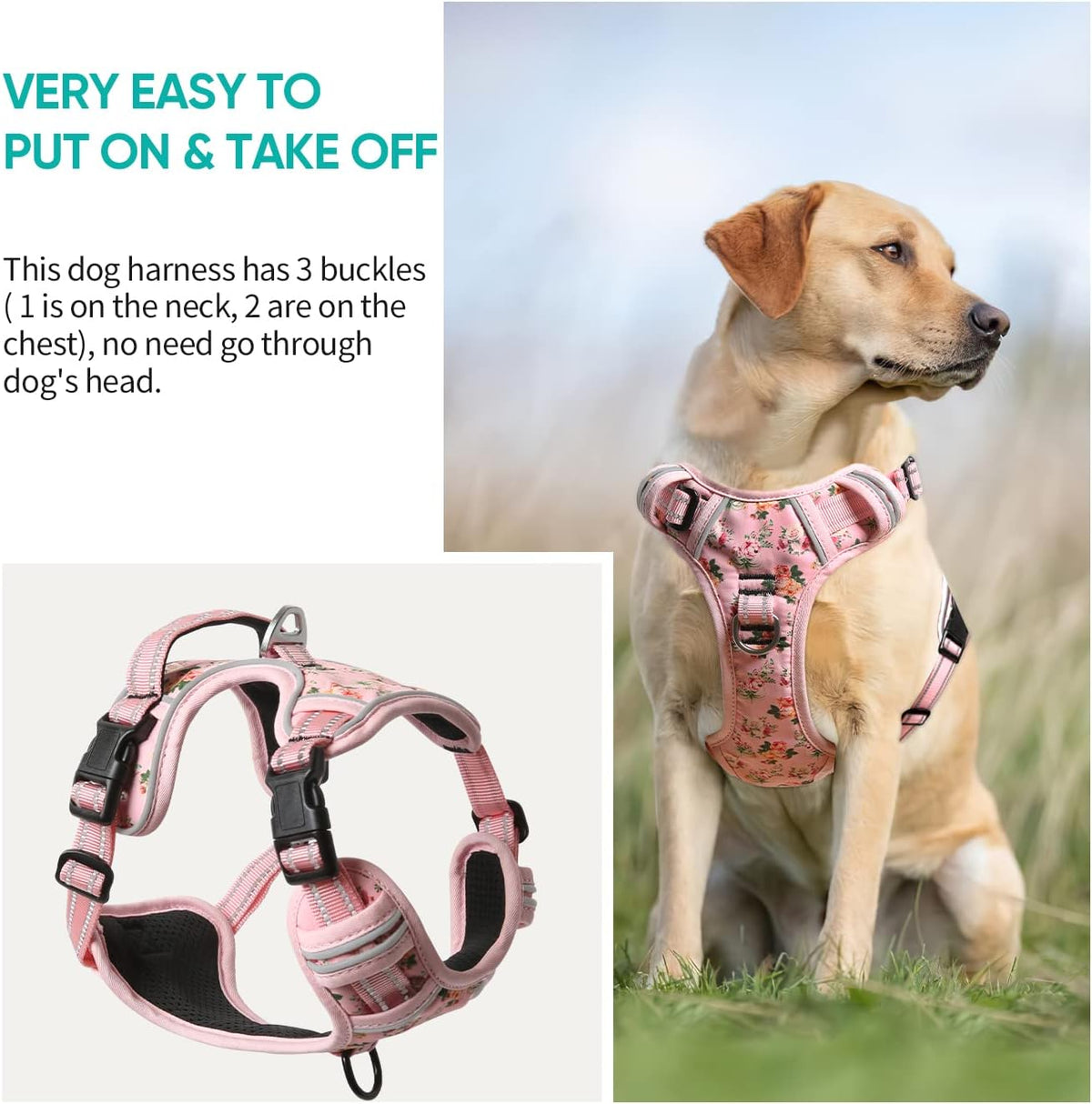 Timos Dog Harness, No-Pull Pet Harness with 2 Leash Clips, 3 Snap Buckles Adjustable Soft Padded Dog Vest, Reflective No-Choke Pet Oxford Vest with Easy Control Handle for Small Medium Large Dogs
