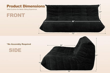 Bean Bag Chair,Giant Beanbag Chairs for Adults,Comfy Large Fireside Chair Lazy Sofa,Corduroy Bean Bag Lounger with Memory Foam Filled,Floor Sofa Couch for Home,Living Room (Black, 3-Seater)