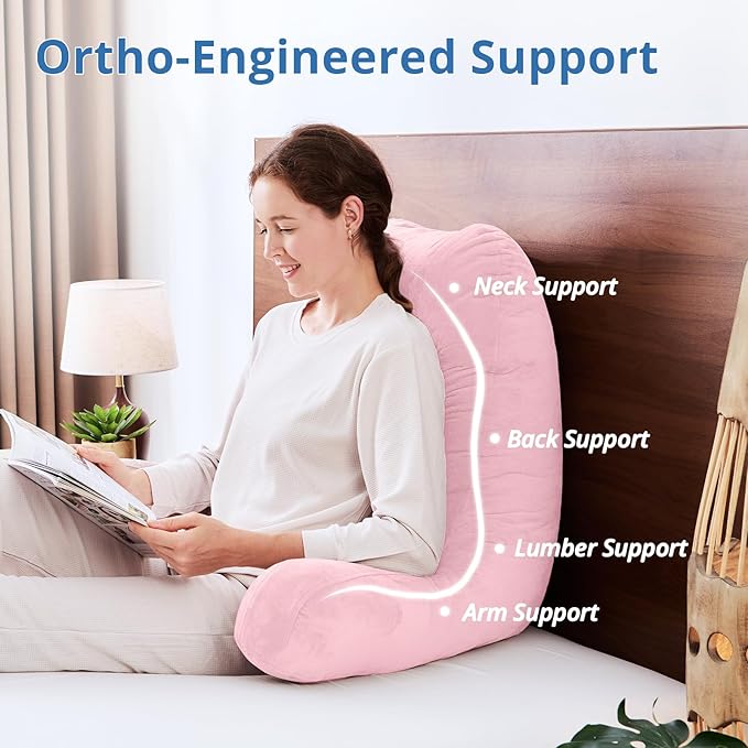 Sasttie 25-inch Reading Pillows for Sitting in Bed Adult, Jumbo Velvet Back Pillow Bed Sitting Up, XL High Back-Rest Support Cushion for Sit Up on Couch & Floor, Oeko-Tex Certified, Pink