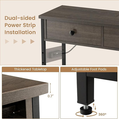 GOFLAME Console Table with Power Outlet, Narrow Entry Table with Drawers, 2 AC Outlets & 2 USB Ports, Sofa Table for Living Room Behind Couch, Living Room, Foyer, Grey Oak