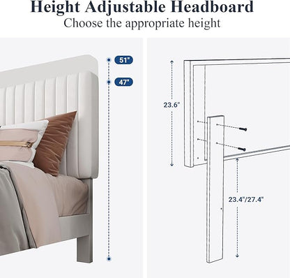 Allewie King Bed Frame, Velvet Upholstered Platform Bed with Adjustable Vertical Channel Tufted Headboard, Mattress Foundation with Strong Wooden Slats, Box Spring Optional, Easy Assembly, Off-White