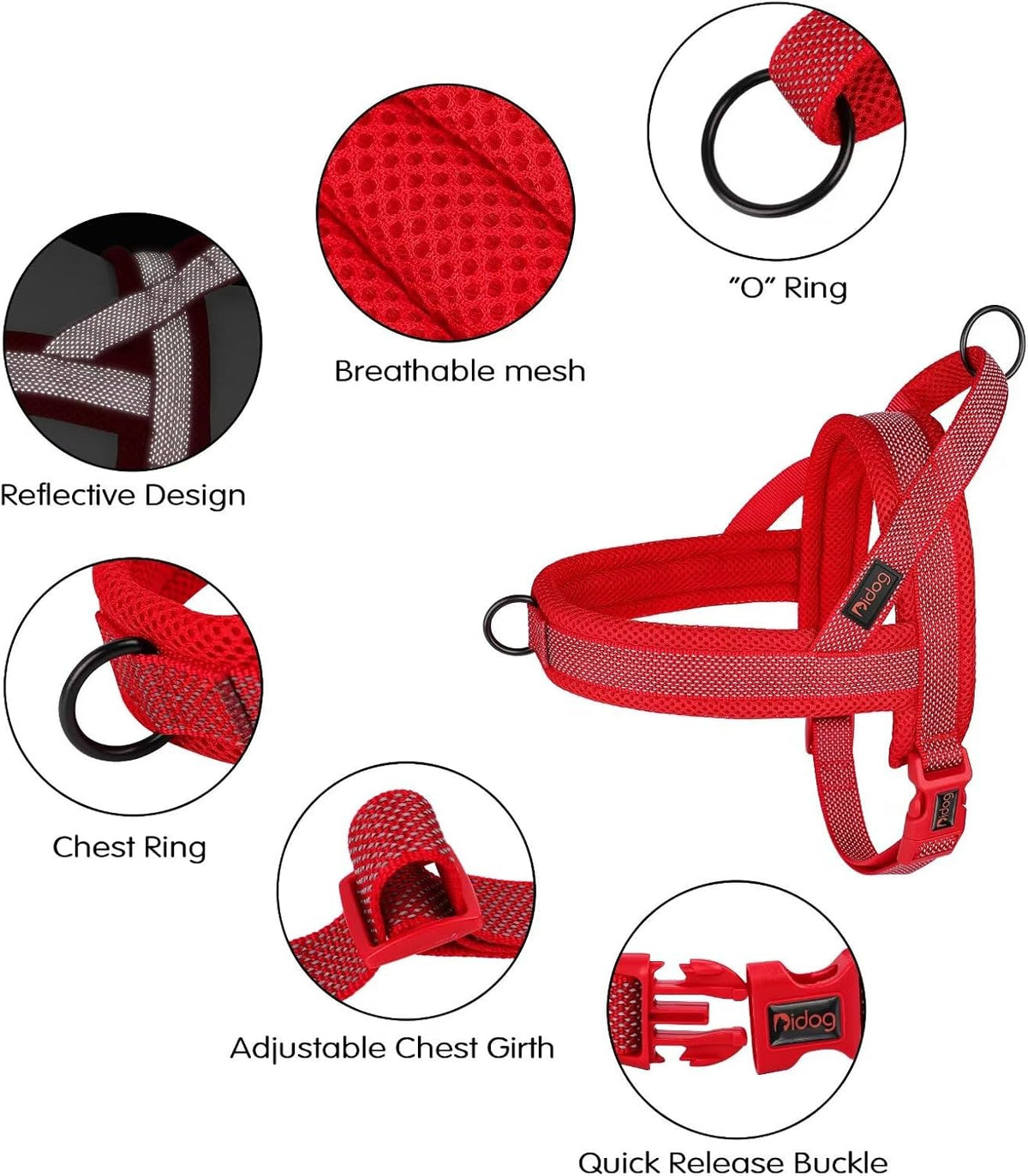 Didog No Pull Dog Harness with Breathable Mesh Padded, Full Reflective & Quick Fit Adjustable Vest Harness, Easy for Training Walking for Small & Medium and Large Dogs (Red, L:Chest 26-32")