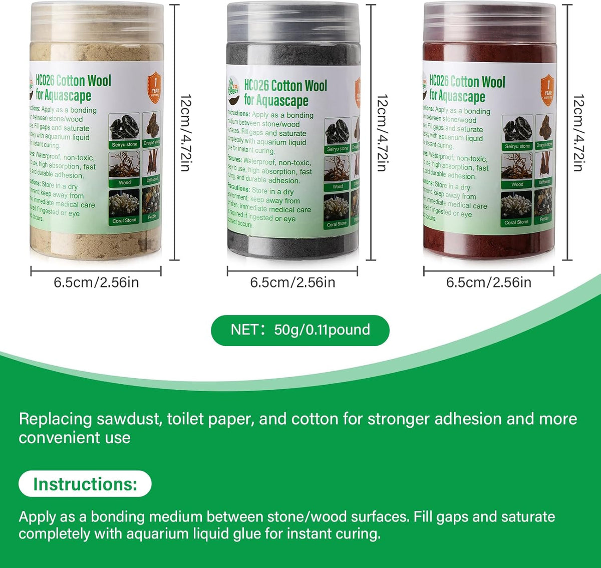 Cotton Wool for Aquascape - Gap Filler Cotton for Rocks & Wood | Aquarium Safe Bonding Material | Secure Adhesive Helper(Gray (Seiryu Stone Color))