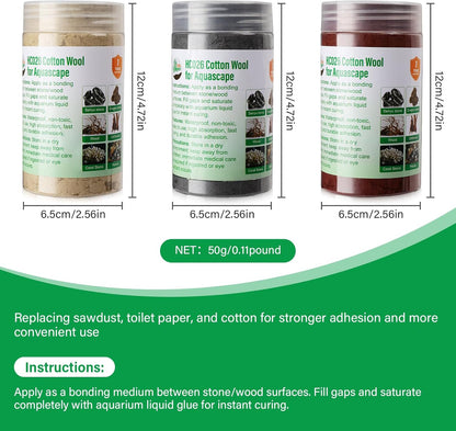 Cotton Wool for Aquascape - Gap Filler Cotton for Rocks & Wood | Aquarium Safe Bonding Material | Secure Adhesive Helper(Gray (Seiryu Stone Color))