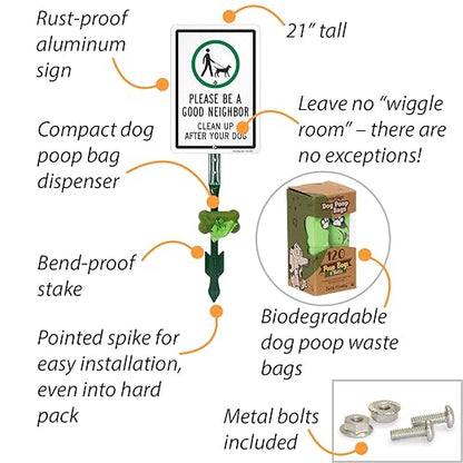 SmartSign Be A Good Neighbor Clean Up After Your Dog Yard Sign & Clip-On Preloaded Dispenser Combo/Kit with 135 Dog Poop Waste Bags, 7"x10" Rust-proof Aluminum Sign with 18-inch Steel Stake