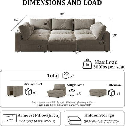 Cloud Modular Sectional Sleeper Sofa with Storage Ottoman, 99" Oversized Sectional Couches for Living Room, Cloud Modular Sleeper Sofa with Chaise, 6 Seater, Chenille, Light Gray