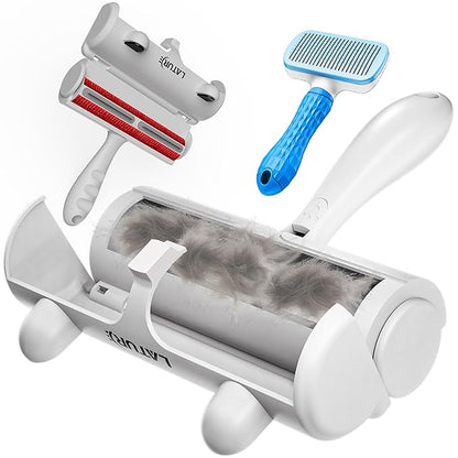 Pet Hair Remover Roller & Self-Cleaning Grooming Brush (2-in-1), Reusable Fur Tool for Dogs Cats Shedding, No Sticky Sheets for Pet Hair Removal on Furniture, Couch, Carpet, Bedding, Car Seats