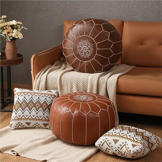 Vintage Leather Pouf Ottoman Round Meditation Cushion Floor Pouf Footrest Retro Fashion Style Floor Cushion for Living Room Solid Construction(Brown)