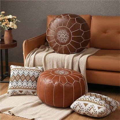 Vintage Leather Pouf Ottoman Round Meditation Cushion Floor Pouf Footrest Retro Fashion Style Floor Cushion for Living Room Solid Construction(Brown)