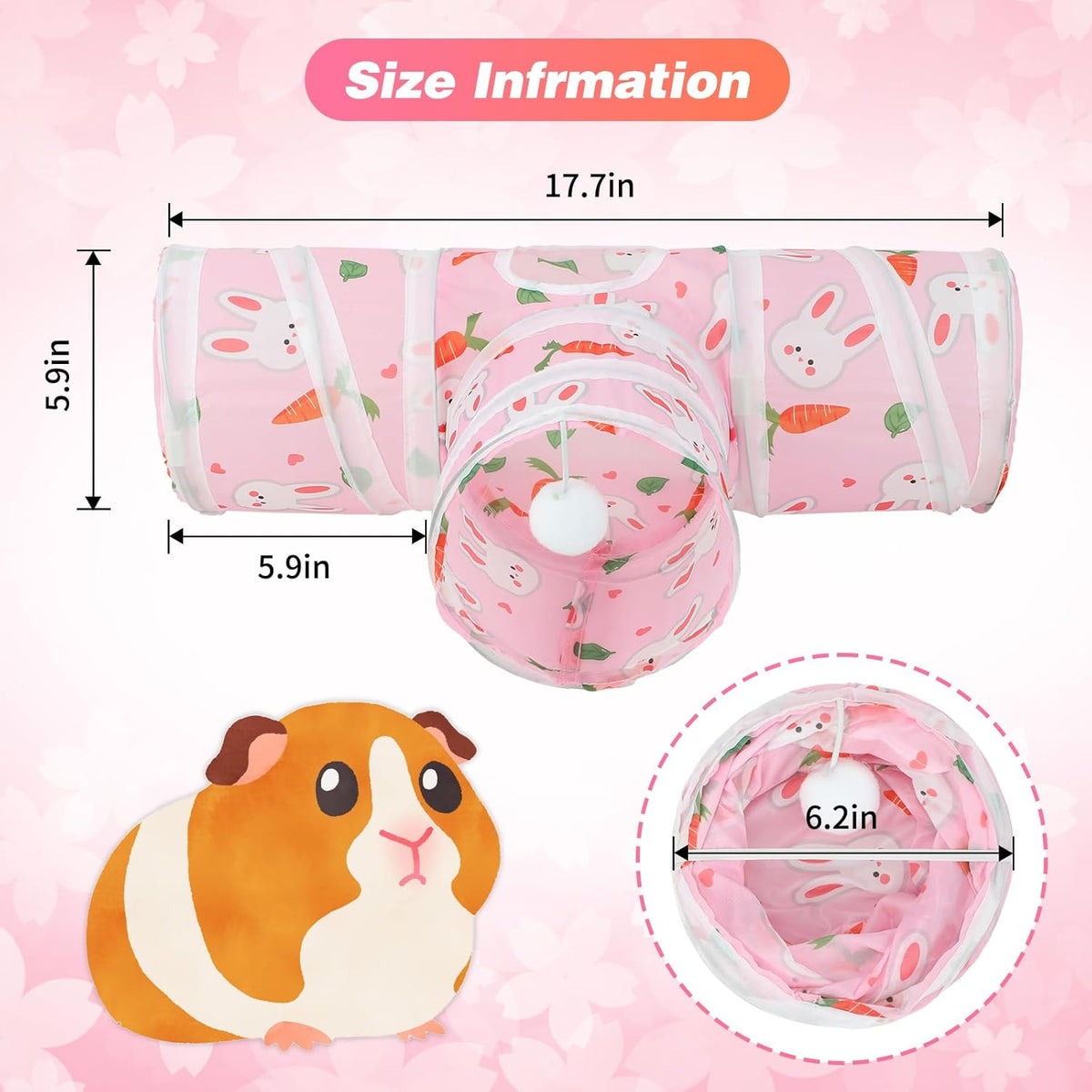 Rypet Guinea Pig Tunnel 3 Way Collapsible Small Pet Tunnels and Tubes with Interactive Ball for Baby Rabbit Ferret Hamster Chinchilla Hedgehog Hiding and Resting-Pink