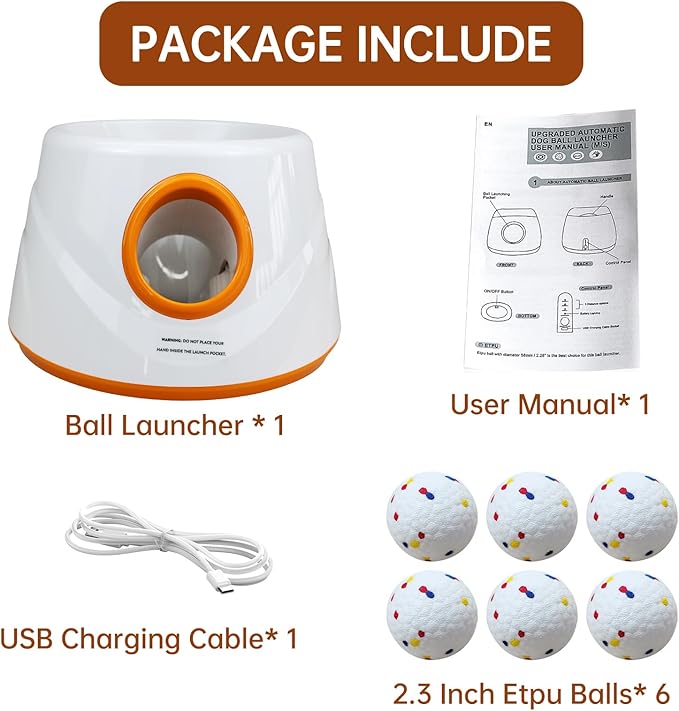 Automatic Ball Launcher for Dogs with 6pcs 2.3 Inch Etpu Tennis Balls,Thrower Distance 20-45ft,interacive Dog Toys for Indoor/Outdoor for Small Or Medium Dogs (White) (Orange)