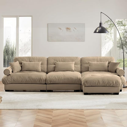 130" Oversized Couch, 3 Seater Sectional Couches for Living Room, Camel Velvet Large L Shaped Fluffy Modular Couch Set