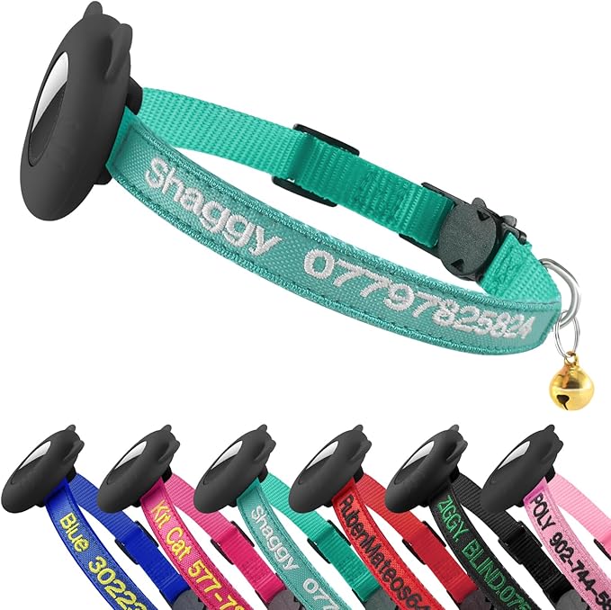 Personalized Cat Collar with Airtag Holder, Custom Embroidered with Name, Nylon ID Collar for Cat with Breakaway Safety Release Buckle and Bell