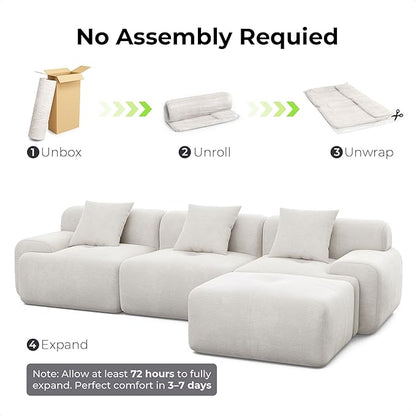 LIKIMIO 118" Modern L-Shaped Modular Sectional Sofa for Living Room, Oversized 3-Seater Cloud Boneless Couch with Deep Seat and Movable Ottoman, Corduroy Upholstery, No Assembly