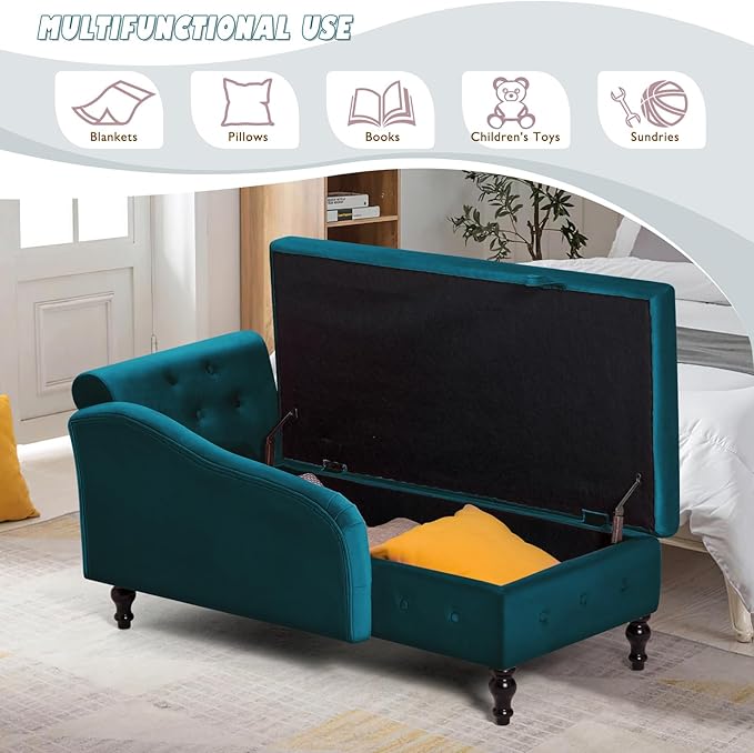 ACMEASE Upholstered Chaise Lounge with Right Armrest & Lumbar Pillow,Button Tufted Lounge Sofa with Storage,Lounge Chair Indoor,Modern Velvet Lounge Chair for Bedroom, Living Room and Office,Teal