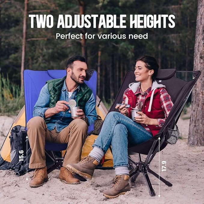TCEK Portable High Back Camping Chair with Adjustable Height, Small Compact Outdoor Folding Chair for Adults Travel, Riselite Collapsible Lightweight Packable Camp Chairs, Easy Carry and Quick Setup