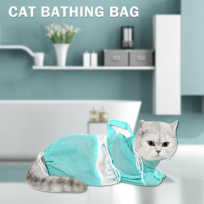 JULMELON Cat Washing Bag 10 PCS Set, Adjustable Cat Shower Net Bag and Pet Grooming Brush with Nail Clipper Nail File Hair Combs Tick Tool Nail Caps for Bathing Nail Trimming Examination（Grey+Green）