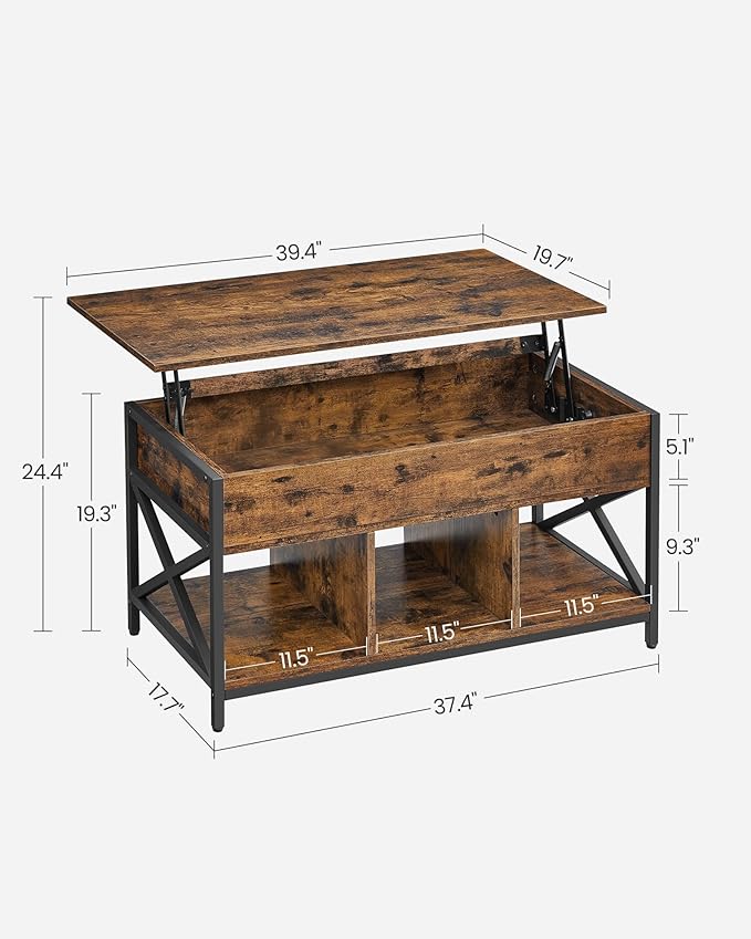 VASAGLE Lift Top Coffee Table, Lift Coffee Table with Storage Shelf, Hidden Compartments and Lifting Top, for Living Room, Office, 19.7 x 39.4 x (19.3-24.4) Inches, Rustic Brown and Black ULCT202B01