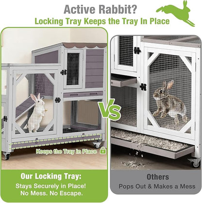 GUTINNEEN 2-Story Rabbit Hutch Indoor Bunny Cage Outdoor Guinea Pig House Wooden Small Animal Cage with Chew-Proof Ramp, Leak-Proof Tray, Lockable Wheels for 2-4 Rabbits, Guinea Pigs (Grey)