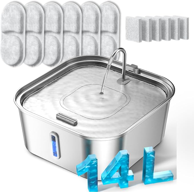 Large Dog Water Fountain 14L/3.7Gal, Stainless Steel Pet Fountain for Large Dogs and Multi-Pets Families, Visible Window & Extra Wide Drinking Area, Enlarges Capacity & Saves Space (with 7pcs Filters)