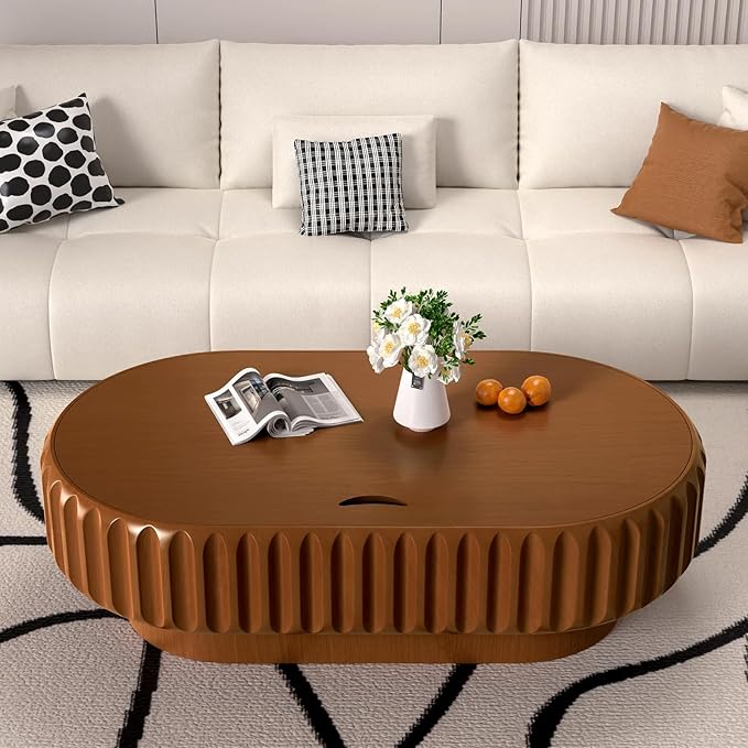 Oval Drum Coffee Table Fluted Coffee Table with Storage Center Table Pedestal End Table for Apartment (43.3in)