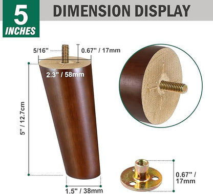FoDau770 Brown Rubber Wood Furniture Legs 5 Inches, Slant Tapered Wood Feet Mid Century Sofa Legs Set of 4, 5/16" UNC Furniture Feet Replacement Parts for Cabinet Couch Dresser Chair Ottoman Table
