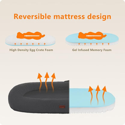 Human Dog Bed for Adult, Orthopedic Gel Memory Foam, 71"x47"x9" | Human Dog Bed Fits Adult & Pets, Reversible Egg-Crate Foam Cushion, Washable Pet Bed with Blanket, Black Grey