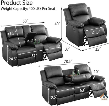 JBXBER Manual Recliner Sofa Set for Living Room, Leather Reclining Sofa Sets, Faux Leather Couch Set with Cup Holders, Drop-Down Table and Storage Console(Sofa and Chair,Black)