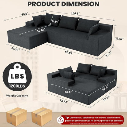 LEVELEVE 107" Cloud Sectional Couch with Deep Seat，Modern Modular Sofa with L-Shape Chaise，No Assembly Required, Upholstered Couches for Living Room Bedroom(Dark Gery,Left Facing Chaise)