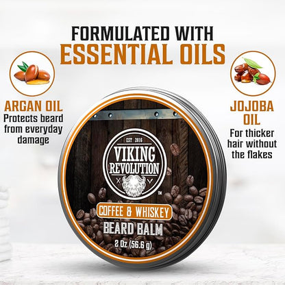 Viking Revolution Ultimate Beard Kit - Coffee Whiskey, 5 Pcs with Metal Box | Richly Scented Coffee Whiskey Products - Includes Beard Brush, Beard Comb, Beard Balm, Beard Oil and Moustache Scissors