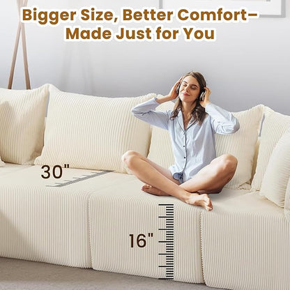 Oversize 131” Boneless Couch for Living Room, Comfort L Shaped Cloud Couch Sectional, Extra Deep Seats Corduroy Modular Sectional Sofa No Assembly,Beige